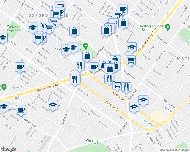 map of restaurants, bars, coffee shops, grocery stores, and more near 6401 Roosevelt Boulevard in Philadelphia