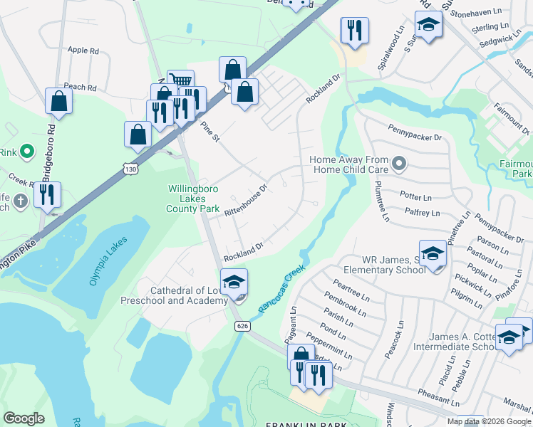map of restaurants, bars, coffee shops, grocery stores, and more near 11 Roberts Place in Willingboro