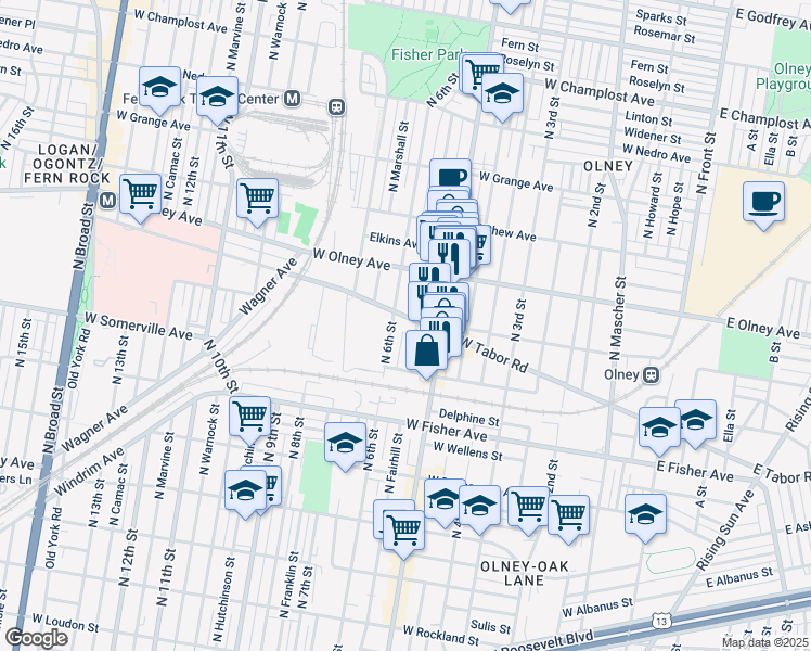 map of restaurants, bars, coffee shops, grocery stores, and more near 520 West Tabor Road in Philadelphia