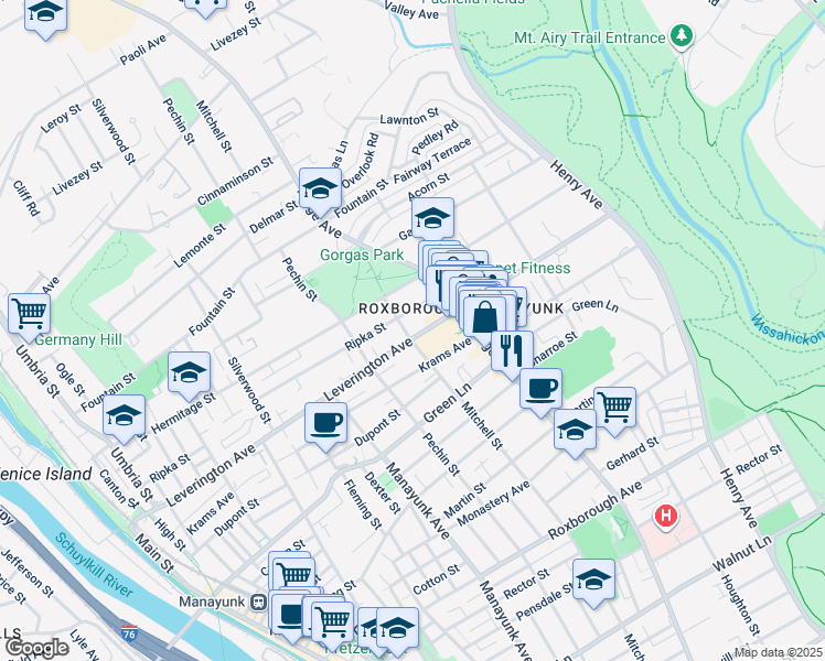 map of restaurants, bars, coffee shops, grocery stores, and more near 444 Leverington Avenue in Philadelphia
