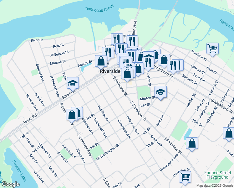 map of restaurants, bars, coffee shops, grocery stores, and more near 105 3rd Street in Riverside