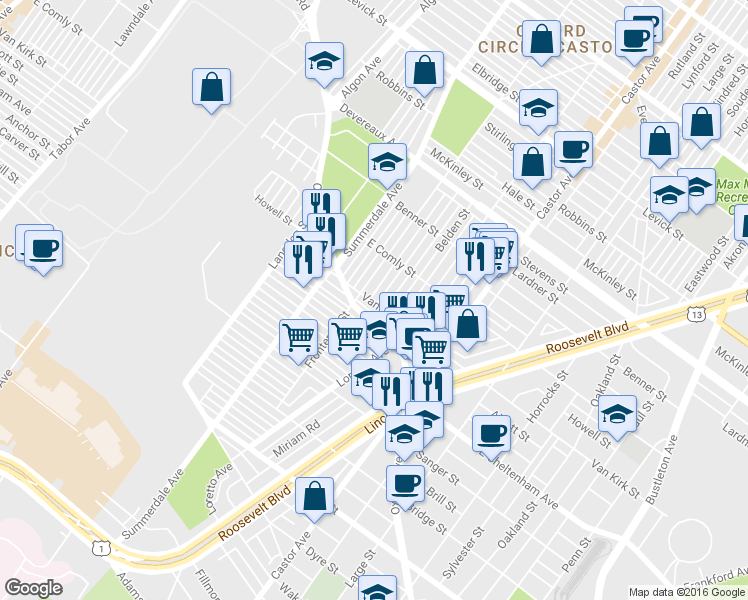 map of restaurants, bars, coffee shops, grocery stores, and more near 5900 Shisler Street in Philadelphia