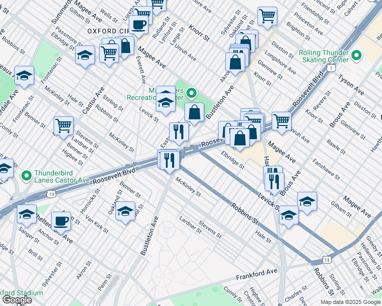 map of restaurants, bars, coffee shops, grocery stores, and more near 6304 Roosevelt Boulevard in Philadelphia