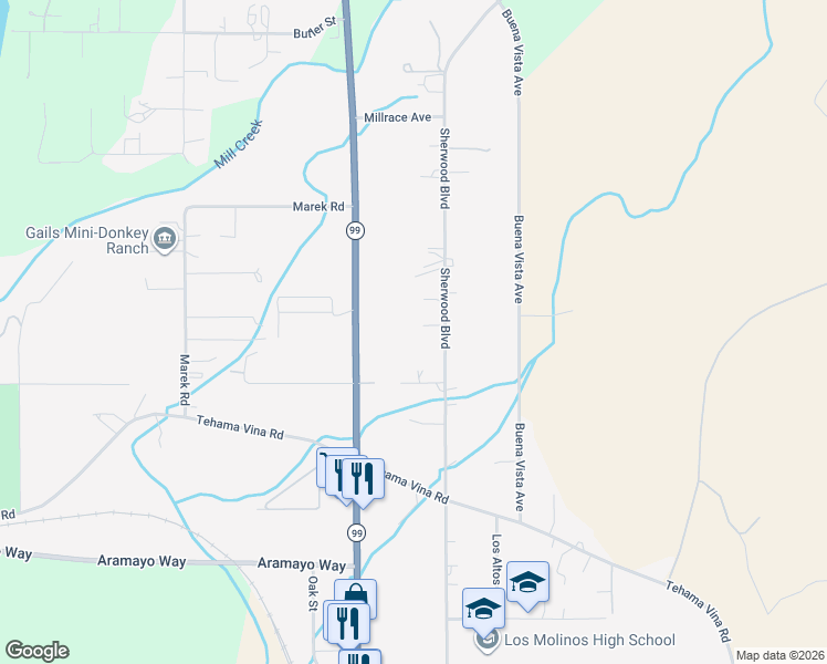 map of restaurants, bars, coffee shops, grocery stores, and more near 25195 Skeet Street in Los Molinos