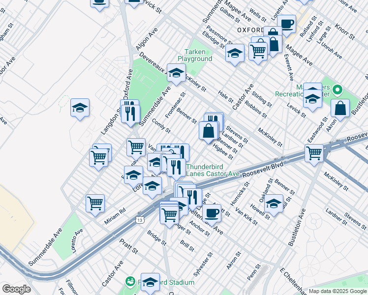 map of restaurants, bars, coffee shops, grocery stores, and more near 5953 Loretto Avenue in Philadelphia