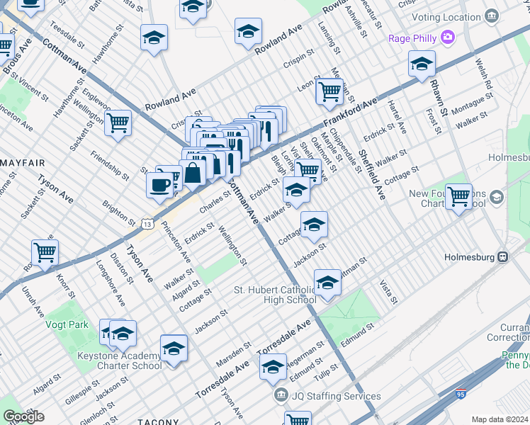 map of restaurants, bars, coffee shops, grocery stores, and more near 4230 Teesdale Street in Philadelphia