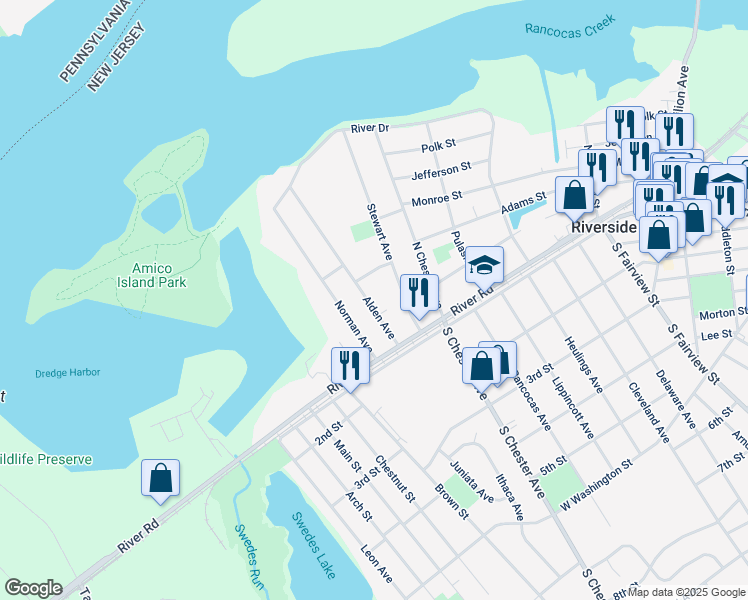 map of restaurants, bars, coffee shops, grocery stores, and more near 18 Alden Avenue in Riverside