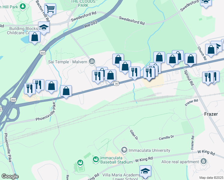map of restaurants, bars, coffee shops, grocery stores, and more near 560 Lancaster Ave in Malvern