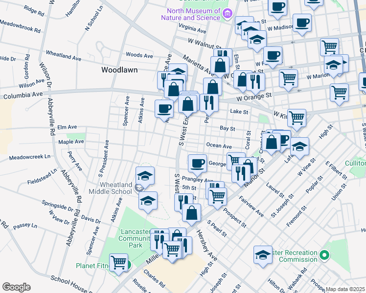 map of restaurants, bars, coffee shops, grocery stores, and more near 235 South West End Avenue in Lancaster