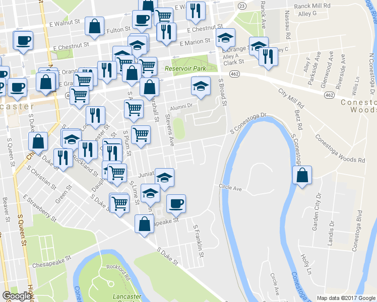 map of restaurants, bars, coffee shops, grocery stores, and more near 655 Clermont Avenue in Lancaster
