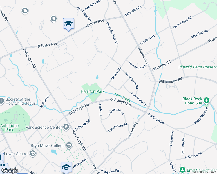 map of restaurants, bars, coffee shops, grocery stores, and more near 822 Pennstone Road in Bryn Mawr