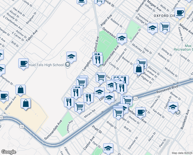 map of restaurants, bars, coffee shops, grocery stores, and more near 1111 Rosalie Street in Philadelphia