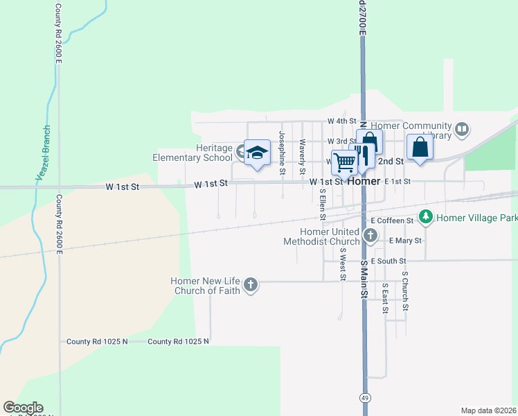 map of restaurants, bars, coffee shops, grocery stores, and more near 109 South Lynn Street in Homer