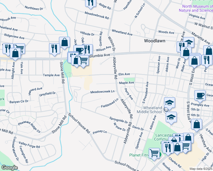 map of restaurants, bars, coffee shops, grocery stores, and more near 1312 Maple Avenue in Lancaster