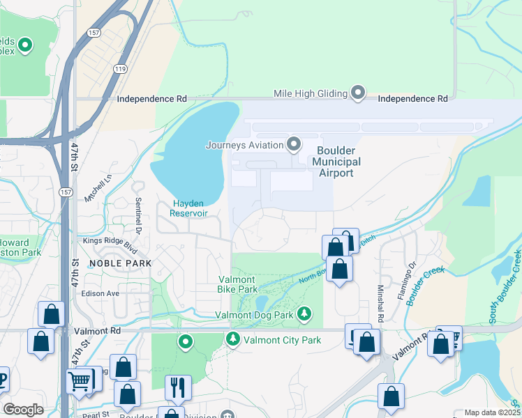map of restaurants, bars, coffee shops, grocery stores, and more near 5330 Airport Road in Boulder