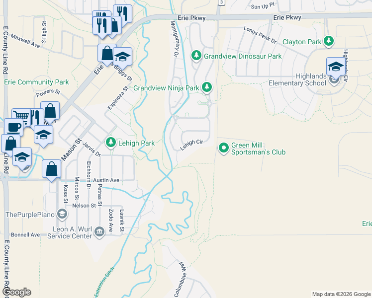 map of restaurants, bars, coffee shops, grocery stores, and more near 695 Lehigh Circle in Erie