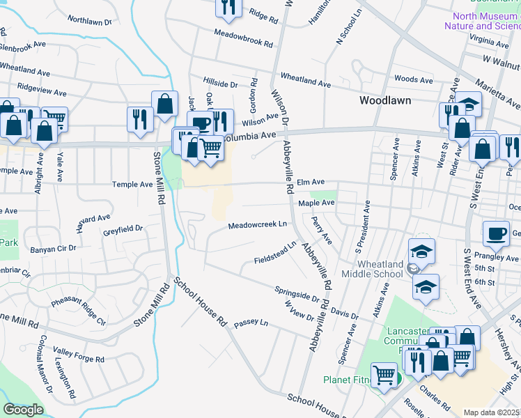map of restaurants, bars, coffee shops, grocery stores, and more near 1316 Maple Avenue in Lancaster