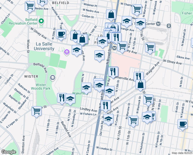map of restaurants, bars, coffee shops, grocery stores, and more near 5347 North 15th Street in Philadelphia