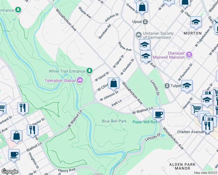 map of restaurants, bars, coffee shops, grocery stores, and more near 1006 West Cliveden Street in Philadelphia