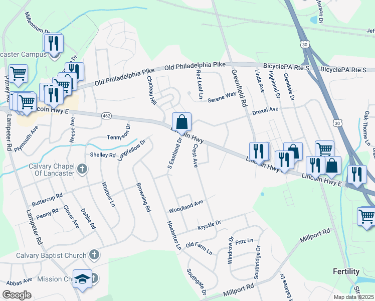map of restaurants, bars, coffee shops, grocery stores, and more near 10 Crest Avenue in Lancaster