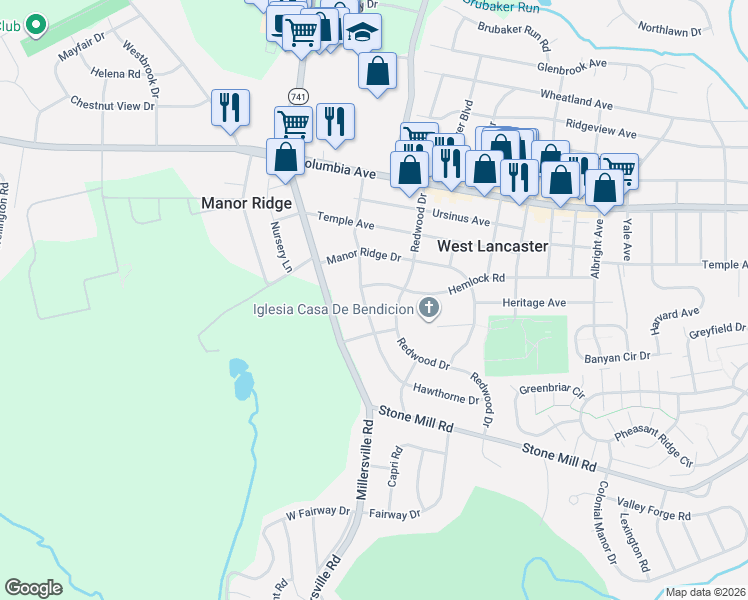 map of restaurants, bars, coffee shops, grocery stores, and more near 251 Hawthorne Drive in Lancaster