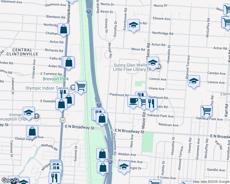 map of restaurants, bars, coffee shops, grocery stores, and more near 3433 Eisenhower Road in Columbus