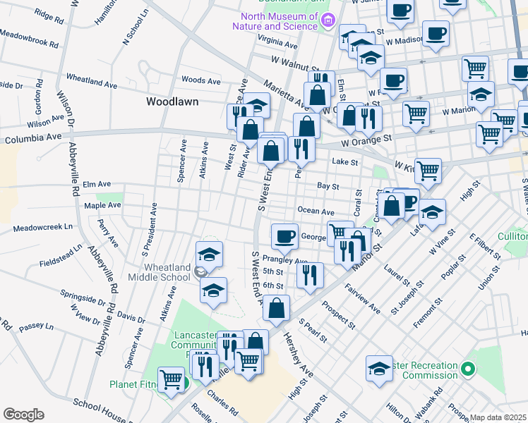 map of restaurants, bars, coffee shops, grocery stores, and more near 235 South West End Avenue in Lancaster