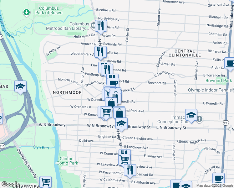 map of restaurants, bars, coffee shops, grocery stores, and more near 21 E Torrence Rd in Columbus