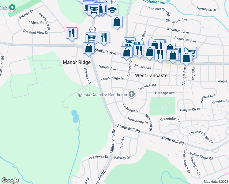map of restaurants, bars, coffee shops, grocery stores, and more near 251 Hawthorne Drive in Lancaster