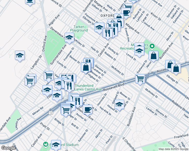 map of restaurants, bars, coffee shops, grocery stores, and more near 1436 Benner Street in Philadelphia