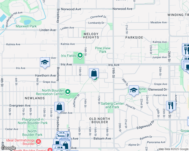 map of restaurants, bars, coffee shops, grocery stores, and more near 1695 Hawthorn Avenue in Boulder