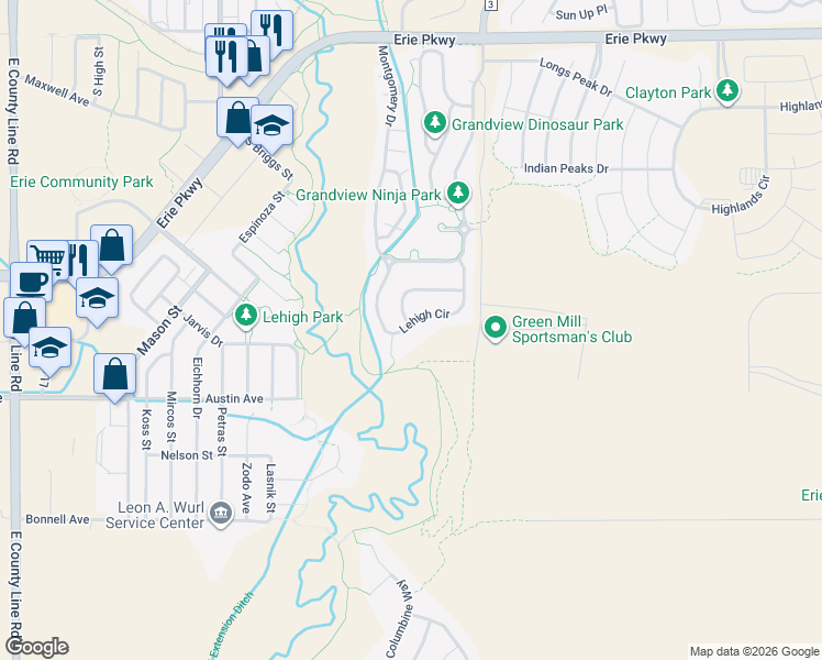 map of restaurants, bars, coffee shops, grocery stores, and more near 720 Lehigh Circle in Erie