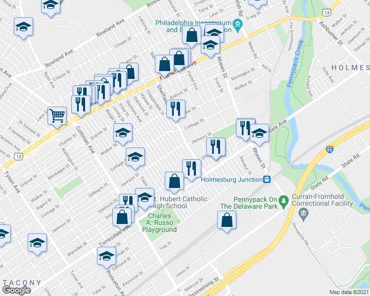 map of restaurants, bars, coffee shops, grocery stores, and more near 4508 Sheffield Avenue in Philadelphia