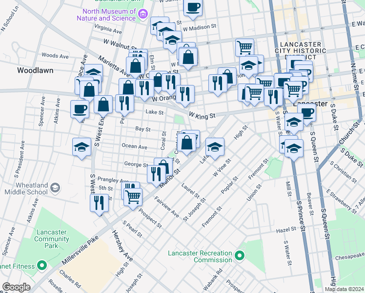 map of restaurants, bars, coffee shops, grocery stores, and more near 33 Caroline Street in Lancaster