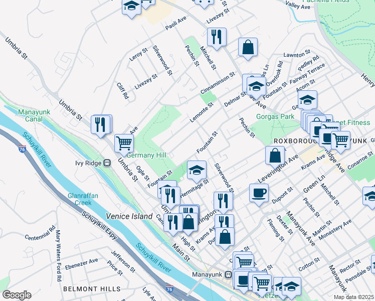 map of restaurants, bars, coffee shops, grocery stores, and more near 238 Fountain Street in Philadelphia