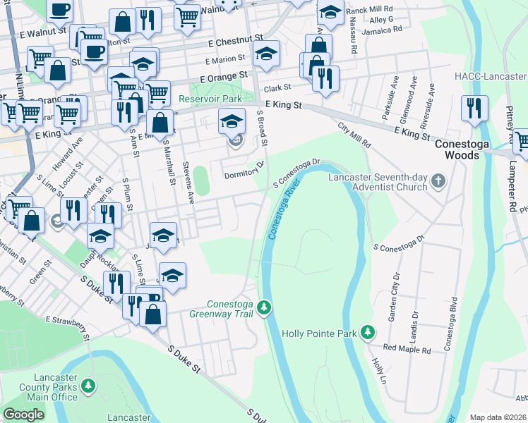 map of restaurants, bars, coffee shops, grocery stores, and more near 339 South Broad Street in Lancaster