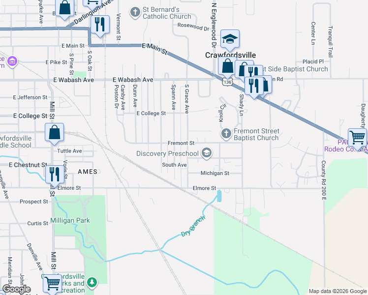 map of restaurants, bars, coffee shops, grocery stores, and more near 705 South Grace Avenue in Crawfordsville
