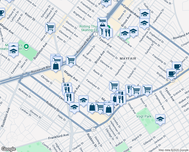 map of restaurants, bars, coffee shops, grocery stores, and more near 2929 Unruh Avenue in Philadelphia