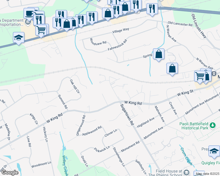 map of restaurants, bars, coffee shops, grocery stores, and more near 516 Sugartown Road in Malvern