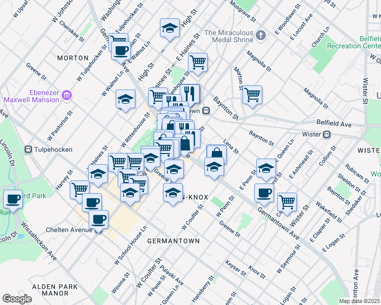 map of restaurants, bars, coffee shops, grocery stores, and more near 25 East School House Lane in Philadelphia