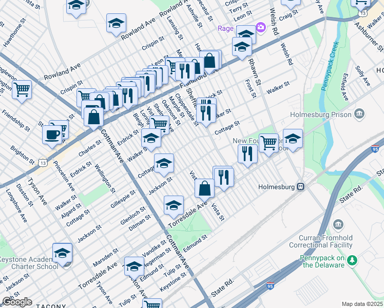 map of restaurants, bars, coffee shops, grocery stores, and more near 4425 Shelmire Avenue in Philadelphia
