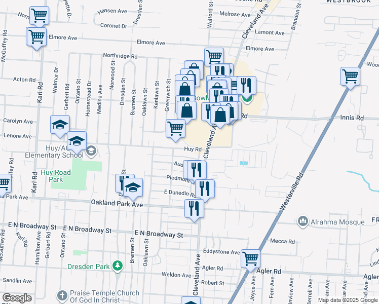 map of restaurants, bars, coffee shops, grocery stores, and more near 1815 Huy Rd in Columbus
