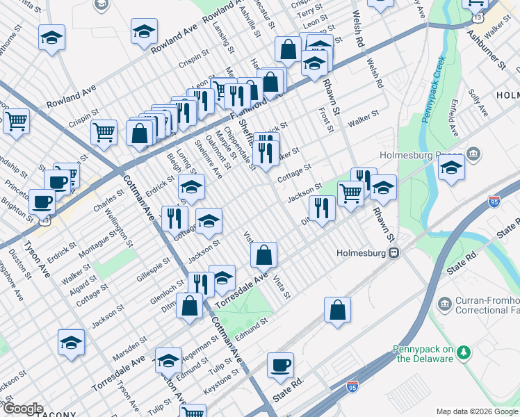map of restaurants, bars, coffee shops, grocery stores, and more near 4501 Marple Street in Philadelphia