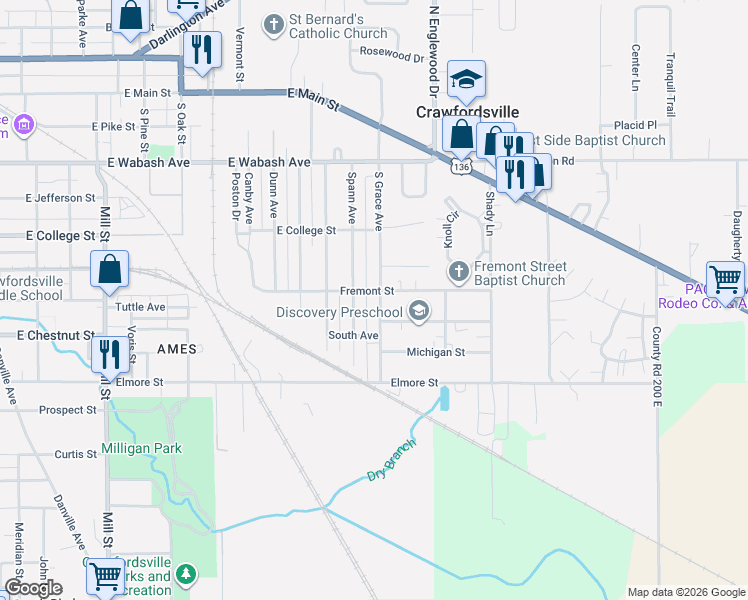 map of restaurants, bars, coffee shops, grocery stores, and more near 705 South Grace Avenue in Crawfordsville