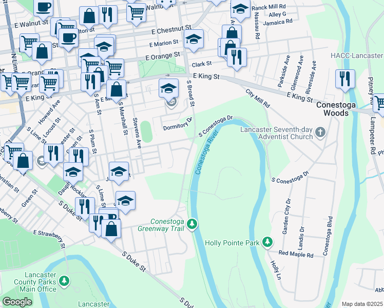 map of restaurants, bars, coffee shops, grocery stores, and more near 339 South Broad Street in Lancaster