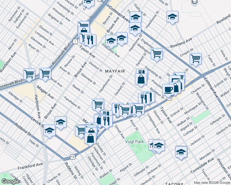 map of restaurants, bars, coffee shops, grocery stores, and more near 3200 Longshore Avenue in Philadelphia