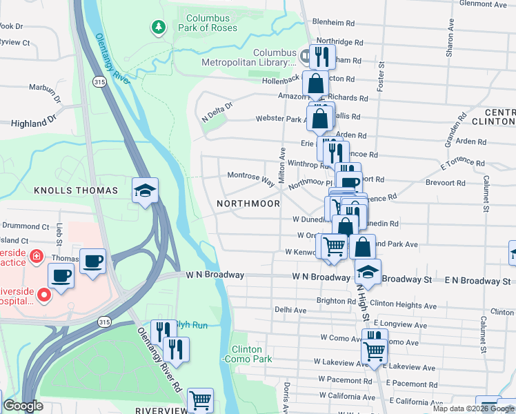 map of restaurants, bars, coffee shops, grocery stores, and more near 183 Northmoor Place in Columbus