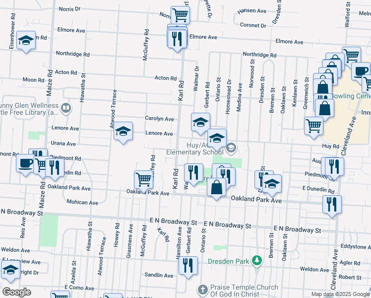 map of restaurants, bars, coffee shops, grocery stores, and more near 3355 Walmar Drive in Columbus