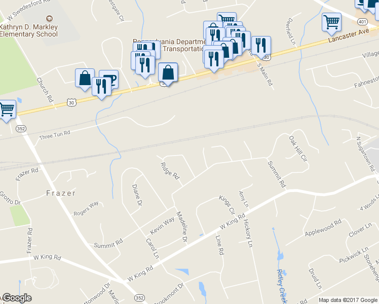 map of restaurants, bars, coffee shops, grocery stores, and more near 11 Ridge Road in Malvern