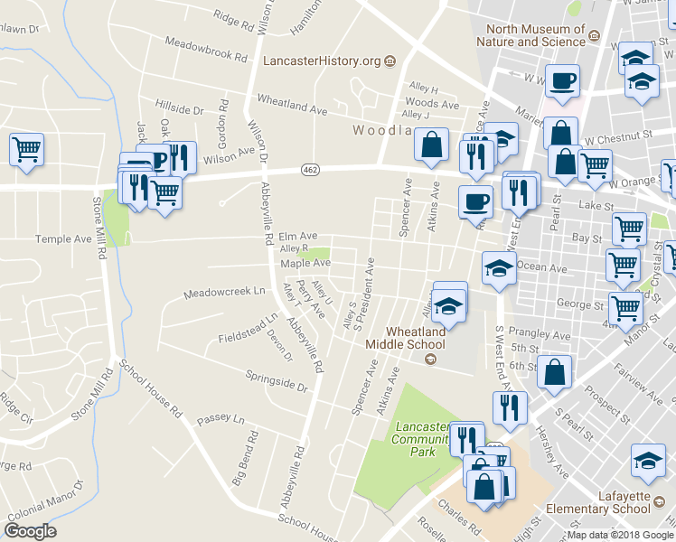 map of restaurants, bars, coffee shops, grocery stores, and more near 1190 Maple Avenue in Lancaster